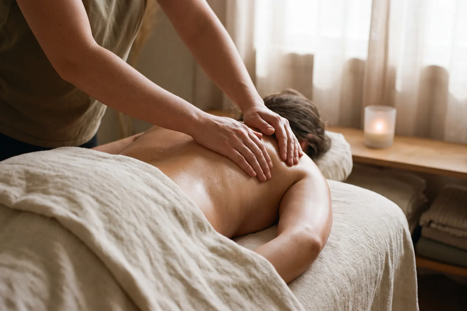 Back massage with warm oil on a massage table