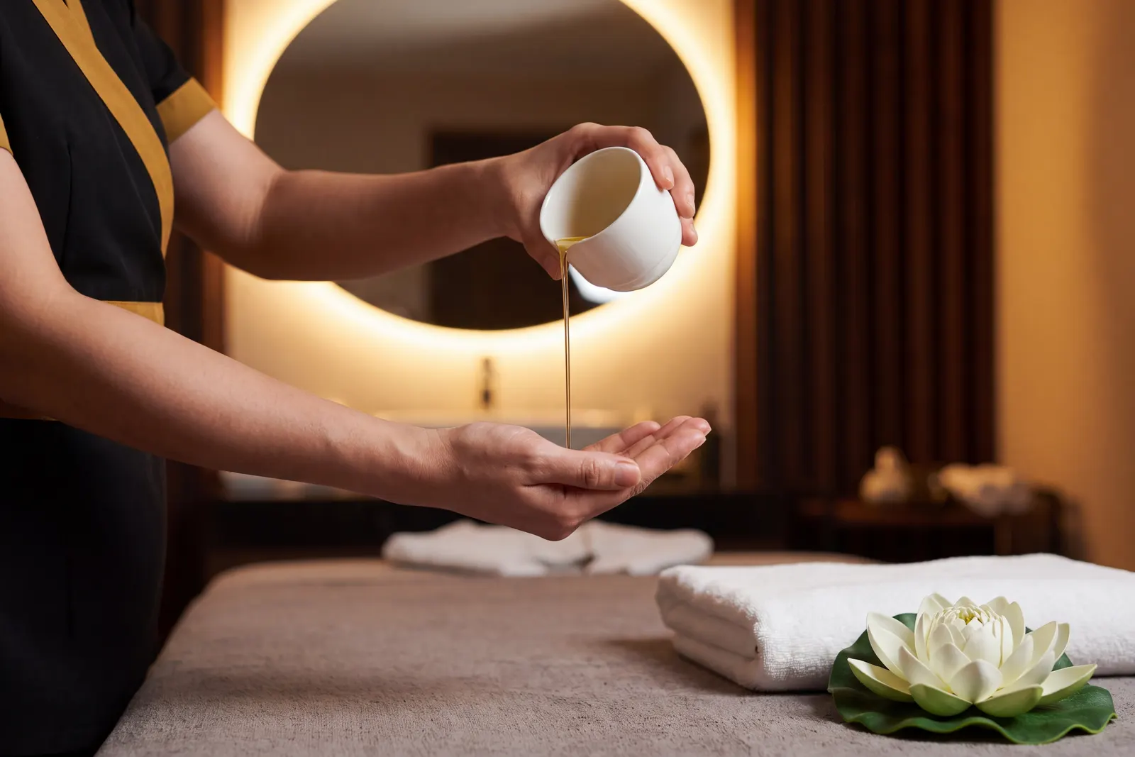 A therapist pouring warm massage oil into her palm in the Radisson Harbiye treatment room